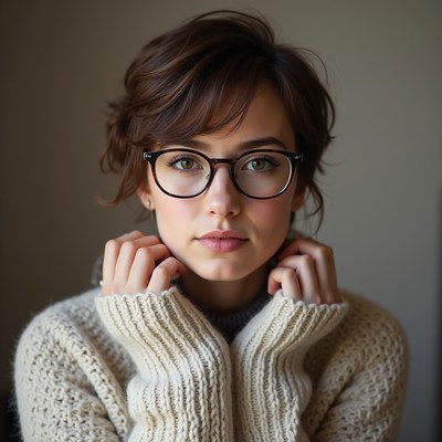 Young woman in cozy sweater poses indoors