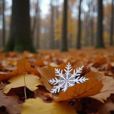 Snowflake on autumn leaves in forest