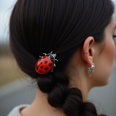 Ladybug hair accessory in outdoor setting