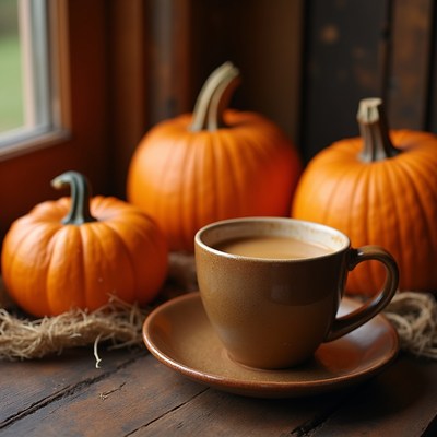 Warm coffee with pumpkins in fall