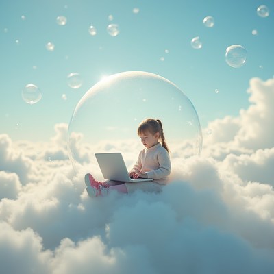 Child sitting on clouds with laptop