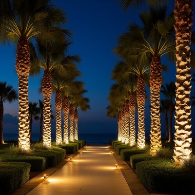 Pathway lit by palm trees at night