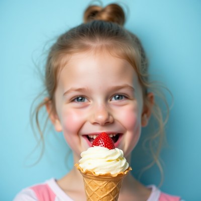 Girl enjoys ice cream with strawberry topping