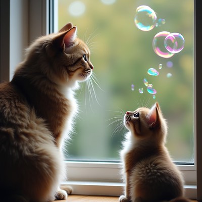 Cats watch bubbles by the window