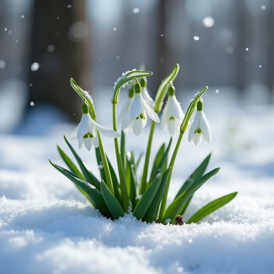 Snowdrops bloom in winter snow