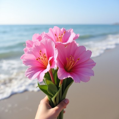 Hand holding pink flowers by the beach
