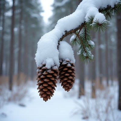 Snow-covered pine cones in winter forest
