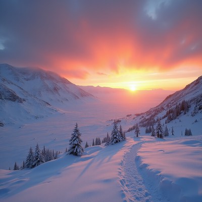 Sunset over snowy mountains