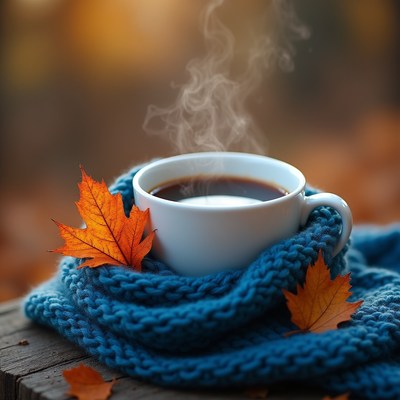 Warm drink with autumn leaves and scarf