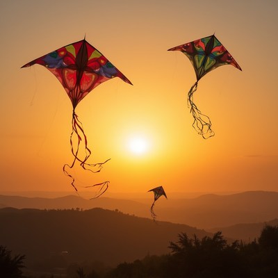 Kites flying at sunset in the sky