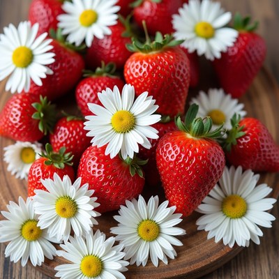 Fresh strawberries and daisies on wooden plate
