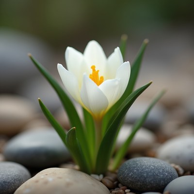 White flower blooms among stones