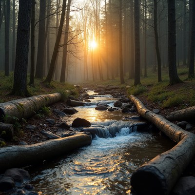 Sunset over stream in forest