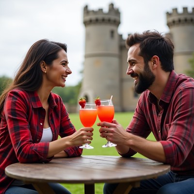Couple enjoys drinks by castle