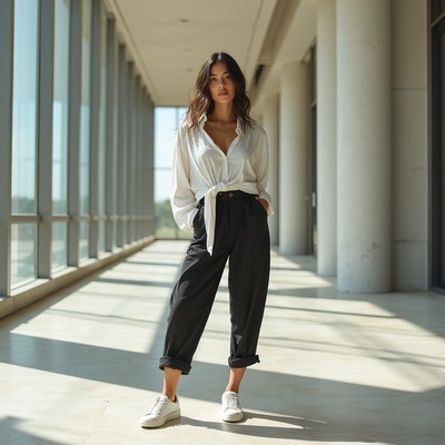 Woman standing in modern hallway