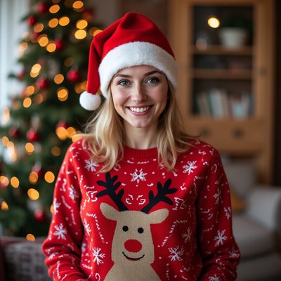 Woman in christmas sweater and hat