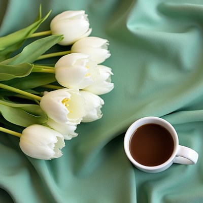 White tulips and coffee on fabric