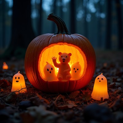 Halloween bear in pumpkin scene
