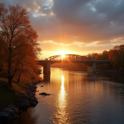 Beautiful sunset over bridge and river