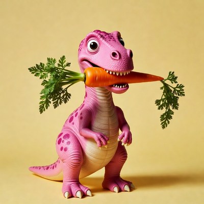 Dinosaur holding a carrot with leaves