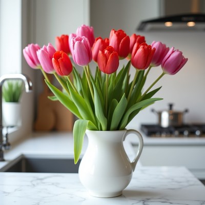Tulips in a white vase on counter