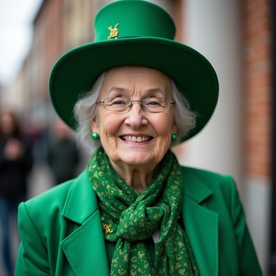 Smiling woman in green outfit during street event