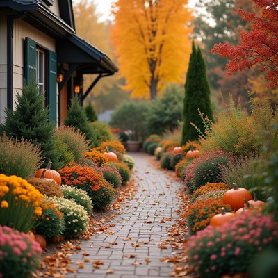 Autumn pathway with pumpkins and flowers