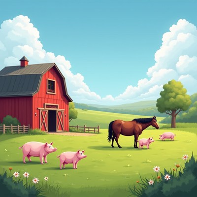 Farm animals in the green field