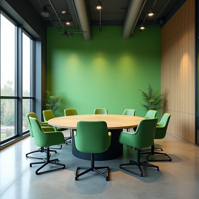 Meeting room with green walls and chairs