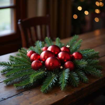 Holiday wreath with red ornaments on a table