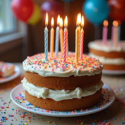 Birthday cake with candles and sprinkles