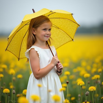 Girl with yellow umbrella in flower field