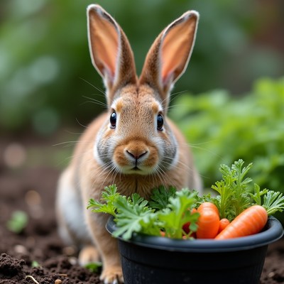 Rabbit with carrots in garden