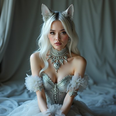 Silver dress with cat ears indoors