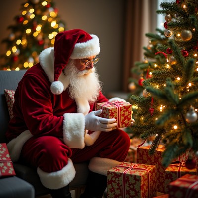 Santa claus prepares gifts by the christmas tree
