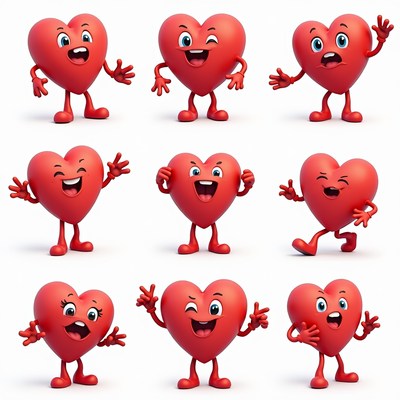 Fun heart characters showing different emotions