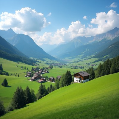 Scenic view of green valley and mountains