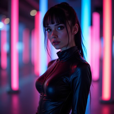 Woman poses among colorful lights