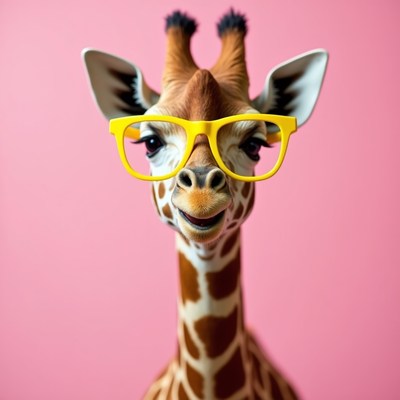 Giraffe with glasses against pink backdrop