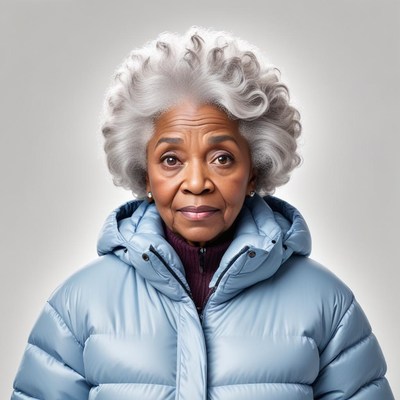 Woman in gray coat with curly hair
