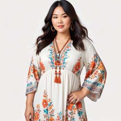 Asian woman in embroidered maxi dress