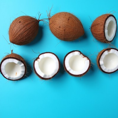 Coconuts with inner shells on blue surface