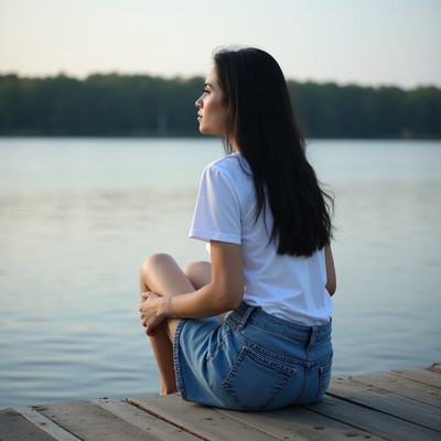 Woman sitting by the lake