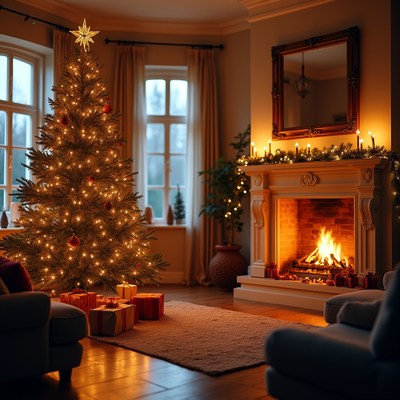 Cozy christmas scene by fireplace