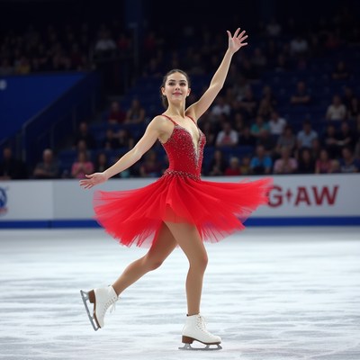 Skater performs in red dress at ice rink