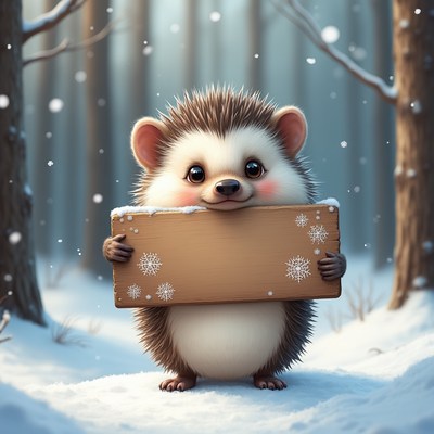 Hedgehog holding a sign in winter