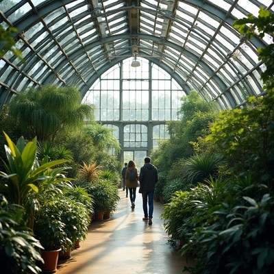 Walking in a greenhouse filled with plants