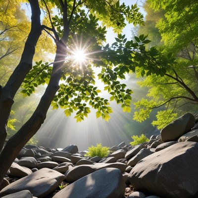 Sunlight shining through tree leaves