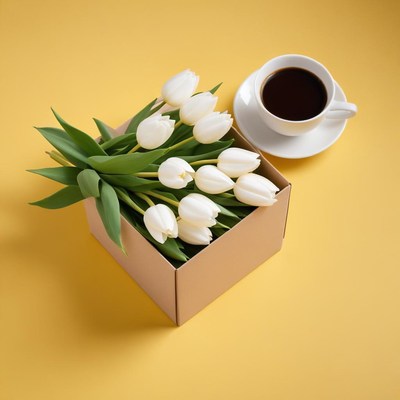 Coffee and tulips in a box
