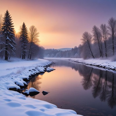 Winter landscape with river at sunset